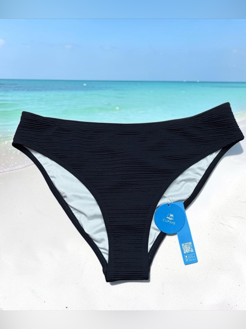 CUPSHE, Black Textured Bikini Bottom, Size Large, High Leg Swimwear 🌴